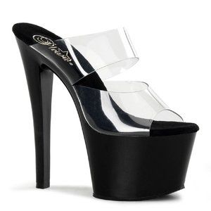 NEW PLEASER ADORE-702 CLEAR BLACK STRIPPER PLATFORM HEELS SIZES 9 AND 10